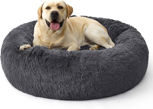 Bedsure Calming Dog Bed for Extra Large Dogs - 45in Donut Washable Large Pet Bed, Anti-Slip ＆Removable Cover,420GSM Round Anti-Anxiety Fluffy Plush Faux Fur, Fits up to 100lbs Pets,Plus Version