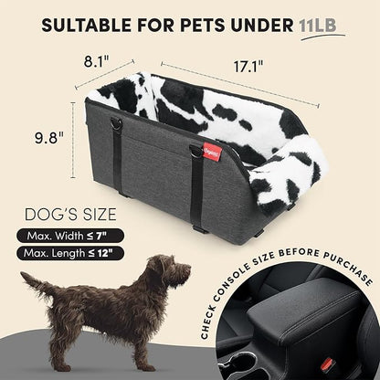 BurgeonNest Center Console Small Dog Car Seat - Portable Pet Cat Puppy Booster Armrest Carseat Up to 11lbs, Anti-Collapse Comfort Car Travel with Washable Fluffy Cushion and Pillow, Milk Cow