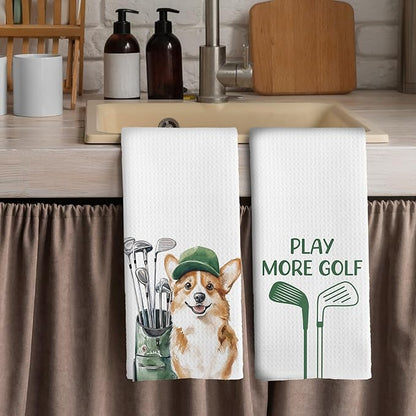 Golf Dog Kitchen Towels - Corgi Dish Towels, Sports Gifts, Pet Golf Club Decorative Absorbent Dishcloths Hand Towels Set of 2 for Spa Kitchen Gym Decor 16x24 Inches