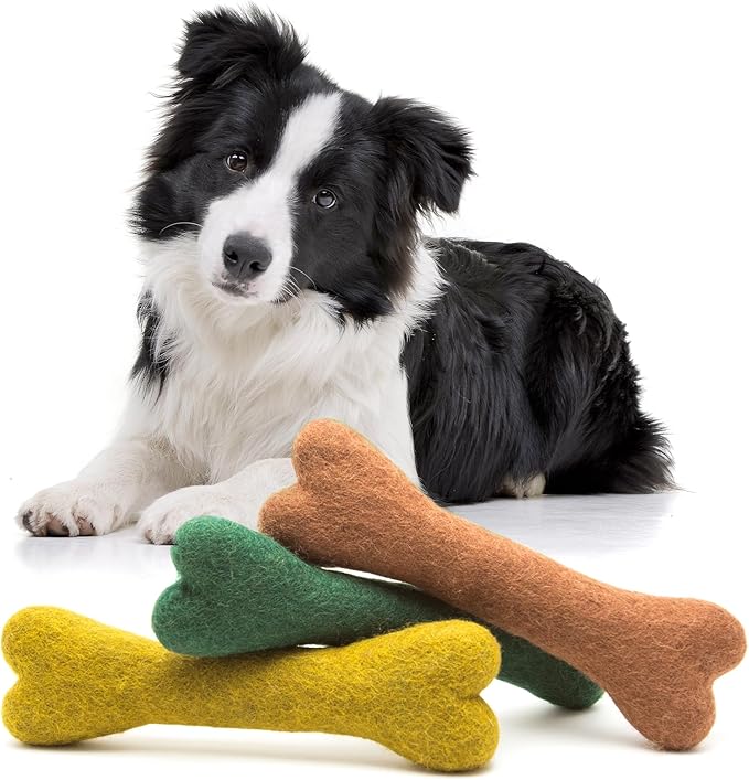 Glaciart One Felted Wool Dog Chew Bone (3 Pcs)| Durable for Puppy Chew for Teething & Dog Teeth Cleaning | Pet Toys Fetch Games & for Anxiety/Boredom | Great for Small or Medium
