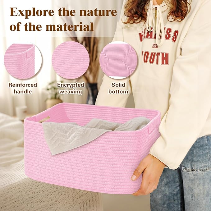3 Pack Large Storage Basket for Organizing, 17.5"x13"x7" Woven Basket for Shelves, Closet Cube Storage Bins with Wrapped Handle, Cotton Rope Baskets for Kitchen, Clothes, Toys(Light Pink)
