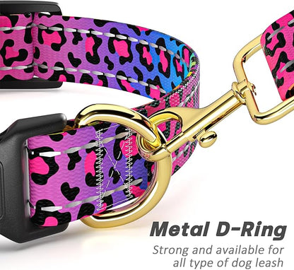 Reflective Dog Collar for Medium Dogs, Cute Leopard Style Adjustable Heavy-Duty Nylon Puppy Collar for Boy and Girl Female, Soft Pet Accessories with Quick Release Buckle, Neon