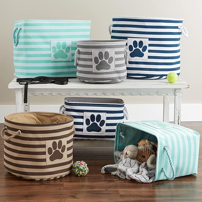 Bone Dry Pet Storage Collection Striped Paw Patch Bin, Small Round, Brown