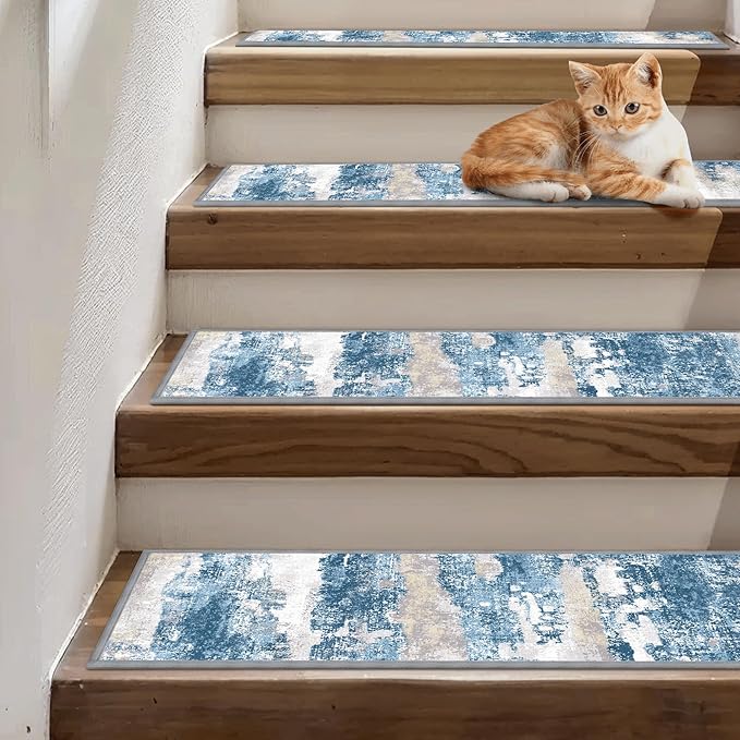 Carpet Stair Treads Non Slip 15PCS, 8" X 30" Edging Stair Runner for Wooden Steps Indoor, Resistant Stair Rugs with Reusable TPE Adhesive Backing, Residue Mat for Elders, Pets, Sapphire/Sand