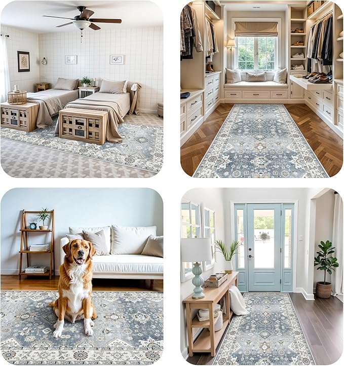4x10 Washable Hallway Runner Rug: Oriental Extra Wide Ultra Soft Runners for Living Room Bedroom Stain Resistant Low Pile Carpet for Entryway Ktichen Thin Non Slip Bathroom Floor Mat(Grey,4x10)