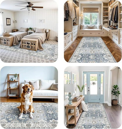 Washable 4x12 Wide Hallway Runners: Vintage Soft Runners for Living Room Bedroom Stain Resistant Carpet with Non-Slip Backing for Entryway Ktichen Ultra Thin Bathroom Carpet for Dining Room(Grey,4x12)