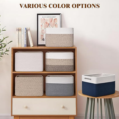 Storage Baskets for Organizing, 4 Pack Baskets for Shelves, Decorative Storage Bins for Shelves, Cotton Rope Storage Basket with Handles, Woven Basket for Storage, 13''Lx8.7''Wx7.9''H, Brown