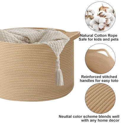 90L Large Blanket Basket,21.7"L x 21.7"W x 13.8"H Rope Woven Baskets with Handles, Toys Storage Bins,Laundry Basket Perfect for Living Room, Nursery,Bedroom,Home Organization,Camel