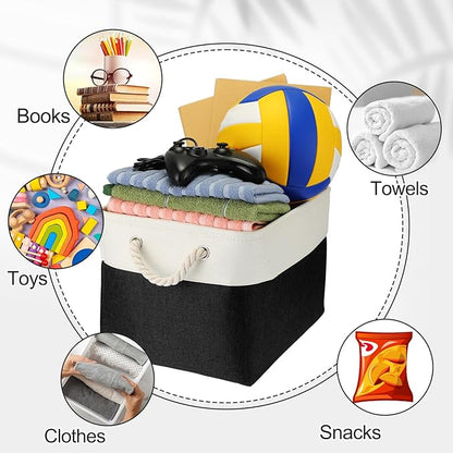 meekoo 8 Pack Collapsible Storage Bins Fabric Storage Bins Polyester Fabric Baskets with Handles Linen Closet Organizer for Shelf Home Closet Towels Toys(15 x 11 x 9.5 in,Black White)