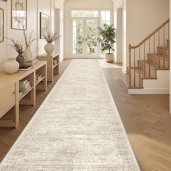 3x20 Washable Runner Rug for Hallway, Non-Slip Long Hallway Runner for Entryway, Soft Vintage Kitchen Mats for Floor, Abstract Dining Room, Bedroom, Living Room Rugs(3'x20', Beige/Ivory)