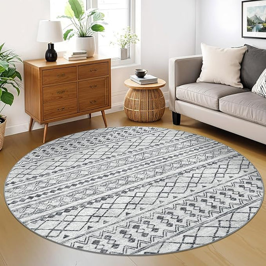 KUTA Boho Round Area Rugs 6Ft Grey Moroccan Circle Washable Rug Non-Slip, Soft Distressed Geometric Low-Pile Throw Carpet for Living Room Bedroom Nursery Dorm Decor