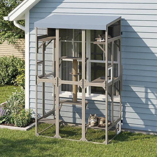 Window Catio Outdoor Cat Enclosure for Indoor Cats, 99.5" Tall Outdoor Cat Patio Cat House with Ultra-Fine Mesh, Large Expandable Perch for Window, 8 Jump Platforms, Scratching Post, Keep Bugs Out