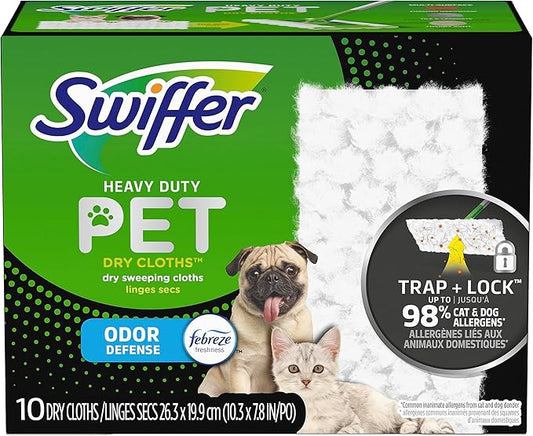 Swiffer Sweeper Pet Heavy Duty Dry Multi-Surface Cloth Refills for Floor Sweeping and Cleaning, Febreze Freshness, 10 Count