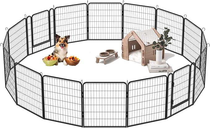 Dog Playpen Indoor - Pet Fence Puppy Exercise Pen for Yard Gate 6/8/12/16Panel Heavy Duty Crates with Doors Metal Dog Pen for Camping Outdoor, Small/Medium Pets (27.4 x 31.7 Inch, Black 16 Panels)