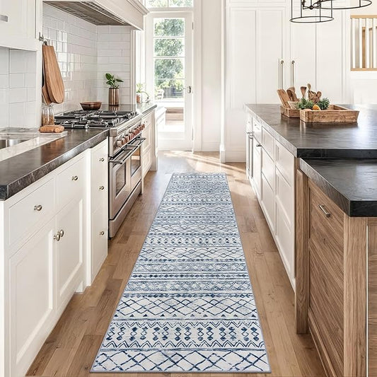 KUTA Moroccan Washable Hallway Runner Rug, 2x8 Non-Slip Vintage Blue White Boho Kitchen Rugs Ultra Soft Print Distressed Geometric Floor Carpet Runners for Bedroom Laundry Living Room