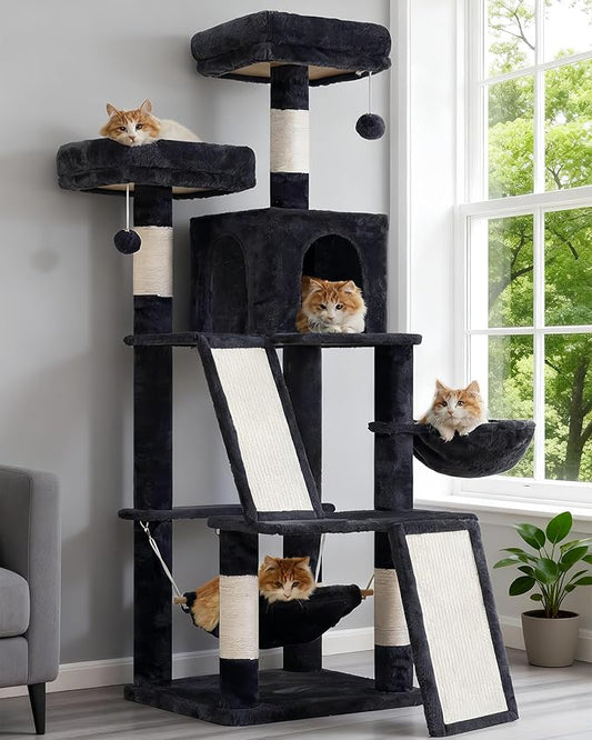 Gitelsnour Multi-Level Cat Tree for Indoor Cats, Cat Tower with 2 Scratching Boards, 2 Plush Padding Platforms, Cat Condo House with Hammock, Basket, Smoky Gray GCT022G