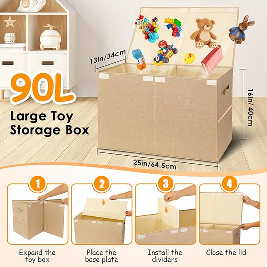 Large Toy Storage Box with Lid Upgraded Toy Chest Organizer with Removable PP Divider Foldable Toy Bin for Kids Boys Girls Linen Fabric Toy Box for Playroom Nursery Bedroom (25"x13"x16")