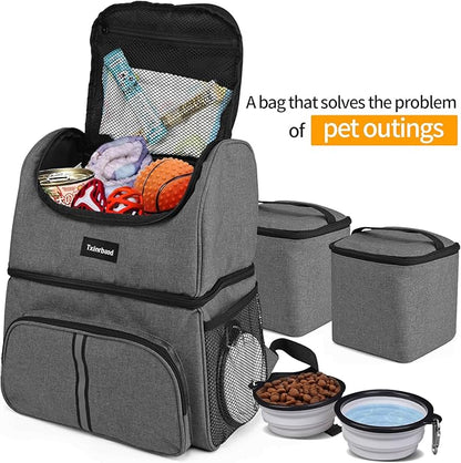 Dog Bags for Traveling Pet Diaper Bag Airline Approved Dog Food Travel Bag with 2 Food Storage Containers Bag Pet Camping Essentials Hiking Accessories Gift Gray