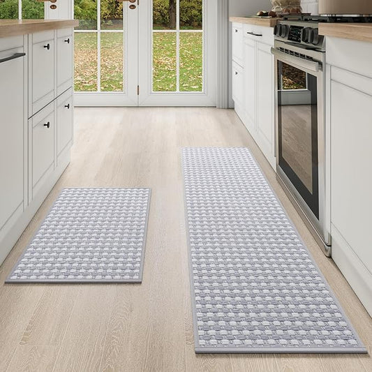 Kitchen Mat Kitchen Rugs Sets of 2 PCS Non Slip Washable, Super Absorbent Soft Braided Kitchen Mats for Floor, Rubber Backing Comfort Standing Kitchen Sink Mat Runner Rug, Gray 17"x28"+17"x59"