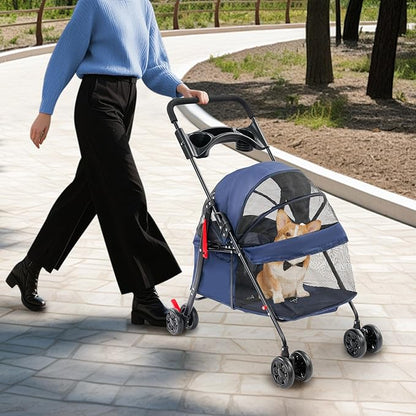 Pet Stroller for Small Medium Dogs Cats, Lightweight Foldable Pet Wagon with 360° Front Wheels & Brake, 40 lbs Capacity Carrier for Park Travel Shopping, Breathable Mesh Basket (Navy Blue)