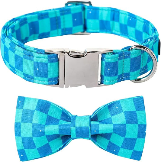 Maca Bates Blue Checkered Dog Collar with Bow Tie Plaid Puppy Bowtie Collars Fancy Gingham Collar for Summer Adjustable Durable Soft Breakaway for Boy Male Gentleman Dogs Pet,Extra Large