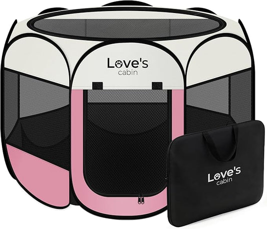 Love's cabin Pet Puppy Dog Playpen, Small Dog Tent Crates Cage Indoor/Outdoor, Portable Playpen for Cat, Foldable Pop Up Dog Kennel Playpen with Carring Case, Removable Zipper Top, Light Pink