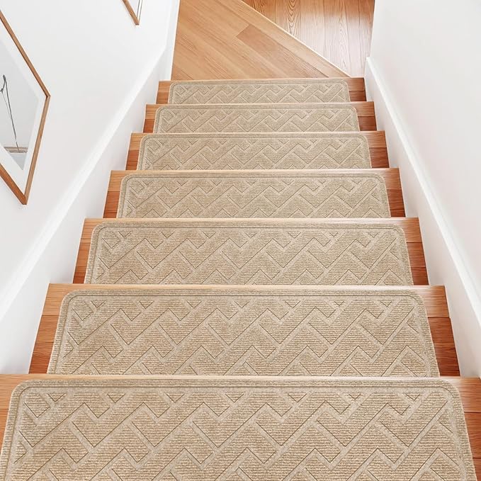 15 Pack 8 "X 30" Non Slip Stair Treads for Wooden Steps, Carpet Stair Treads Made of Polyester and Reusable Adhesive, Stair Runner Rugs for Kids, Elders and Dogs Pets (Beige)