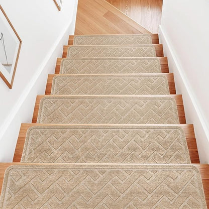 15 Pack 8 "X 30" Non Slip Stair Treads for Wooden Steps, Carpet Stair Treads Made of Polyester and Reusable Adhesive, Stair Runner Rugs for Kids, Elders and Dogs Pets (Beige)
