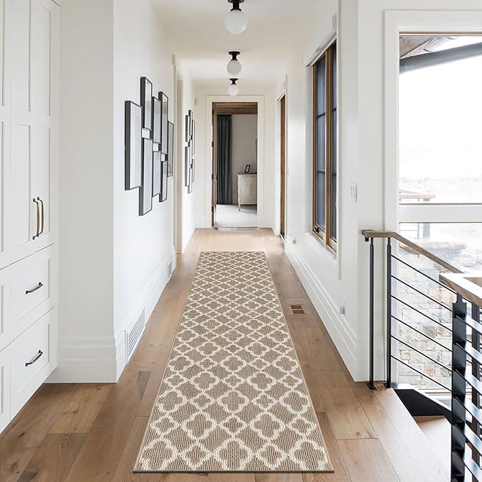 U'Artlines Long Runner Rug for Hallway 2×8feet Non Slip Kitchen Floor Carpet Runners Beige Geometric Pattern Machine Washable Area Rug for Entryway Bathroom