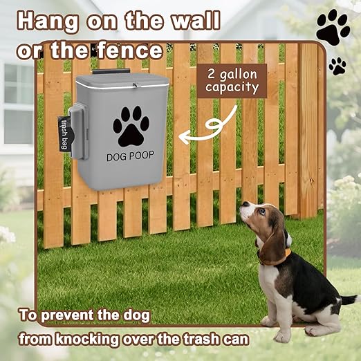 Dog Poop Trash Can Outside Hanging, 2 Gallon Wall Mount Dog Poop Trash Can with Trash Bag Dispenser, Small Pet Waste Bin with Lid, Hanging Pet Waste Disposal Container for Fence, Garbage, Outdoors