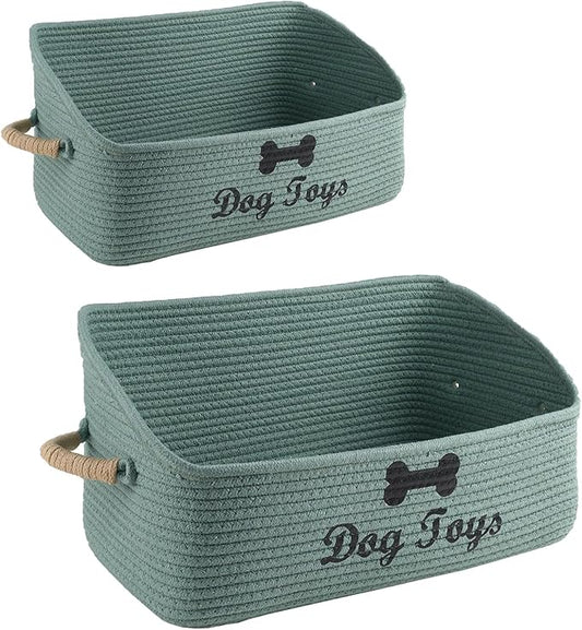 2 pack Woven Dog Toys Basket, 100% Cotton Rope Dog Toy Box for Living Room Area, Trapezoid Pet Toys Bin with Sturdy Handle, Puppy Bed, Green Baskets for Pet Toys/Collar/Leash/Blanket