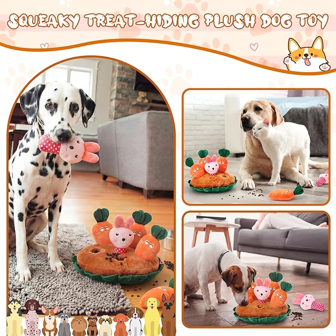 Skylety 7 Pcs Easter Interactive Dog Toys Set, Snuffle Mat for Dogs, Treat Hiding Puzzle and Squeaky Plush, Carrot Bunny Dog Toys for Small Medium Dogs, Training and Boredom Relief Plaything
