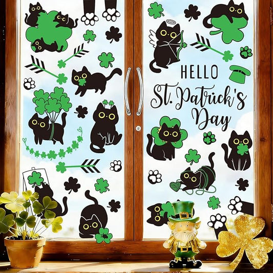 Whaline St. Patrick's Day Window Clings Double Sided Green Shamrock Black Cat Clover Window Decal Stickers for Glass Irish Holiday Home Classroom Office Party Decor, 7 Sheets