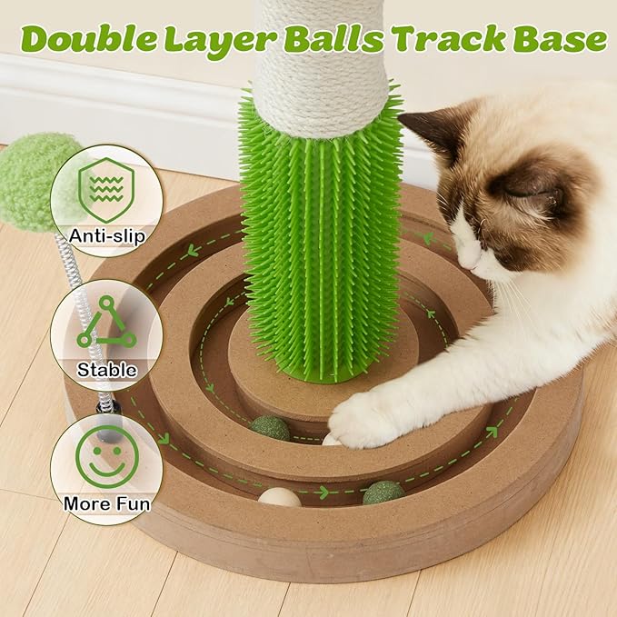 Cat Scratching Post, 26 Inch Tall Scratching Posts for Indoor Cats Adults and Kittens, Small Cat Scratch Post with Rotatable Hanging Toys, Rubber Brush and Double-Layer Interactive Wooden Ball Track