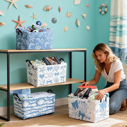 4 Pcs Coastal Beach Storage Basket Fabric Laundry Baskets with Handle Summer Ocean Blue Bow Foldable Organizer Boxes for Office Home Bedroom Baby Cloth Toy Book 15 x 10 x 8