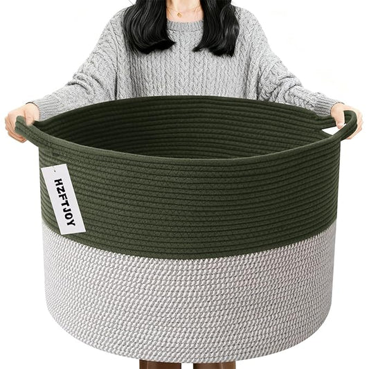 90L Large Blanket Basket,21.7"L x 21.7"W x 13.8"H Rope Woven Baskets with Handles, Toys Storage Bins,Laundry Basket Perfect for Living Room, Nursery,Bedroom,Home Organization,Green&White