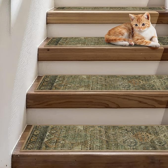 Non Slip Stair Treads for Wooden Steps 15PCS - 8"x30" Indoor Safety Carpet, Edging Mats with TPE Adhesive Backing, Pet and Elderly Friendly Stair Rugs (Olive/Brown)