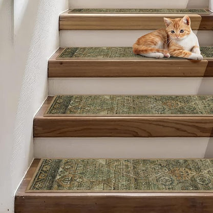 Non Slip Stair Treads for Wooden Steps 15PCS - 8"x30" Indoor Safety Carpet, Edging Mats with TPE Adhesive Backing, Pet and Elderly Friendly Stair Rugs (Olive/Brown)
