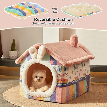 JIUPETY Cute Small Dog House Indoor, Foldable House Kennel Bed Mat with Cushion, L Size Tent for 15-20 lb Dogs and 18-22 lb Cats, Dog Cave Bed with Non-Slip Bottom, Rainbow