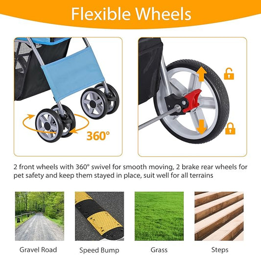 4 Wheels Dog Stroller Folding Pet Strolling Cart for Small Medium Cats Puppies Portable Jogger Travel Camping Puppy Carrier with Storage Basket Cup Holder, Blue