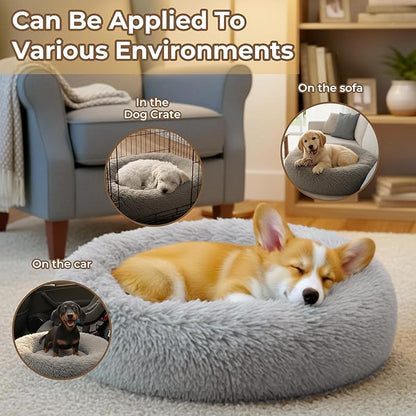 Calming Anti-Anxiety Donuts Dog And Cat Bed, Round Fluffy Soft Washable Small Medium Pet Bed For Puppy And Kitten, Cuddler Warming Comfortable Cushion, Luxury Anti-Slip Waterproof Mute Base 32in Gray