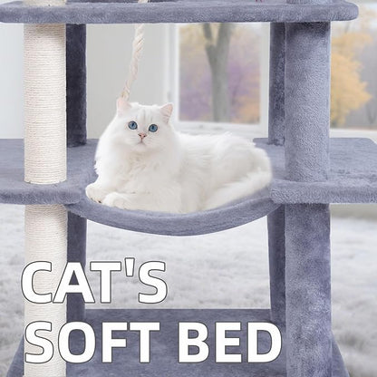 AIWIKIDE Big Cat Tree, Cat Tower with Multi-Level Condo, Hammocks, Rotating Toy (Grey, 63.4'')