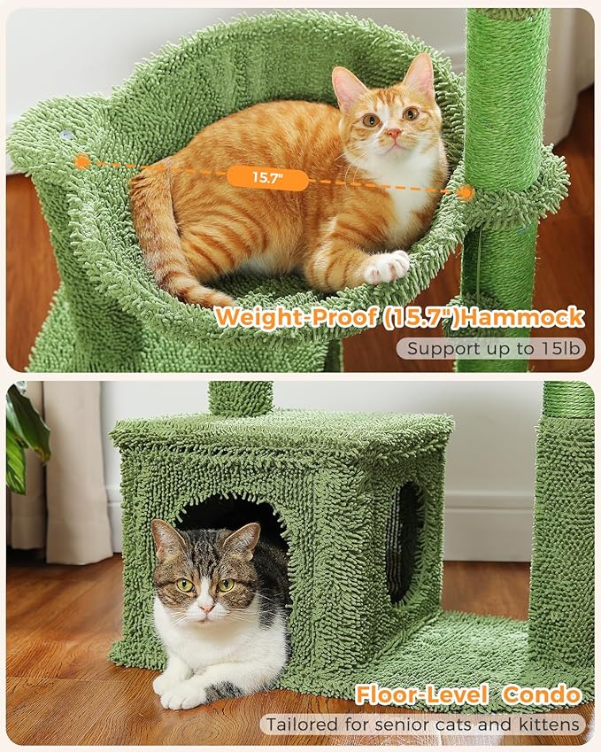 MUTTROS Cactus Cat Tree 40" Cat Tower with Large Metal Carpet Hammock, Cat Scratching Post for Indoor Cats with Condo & Replaceable Toy Ball, Green