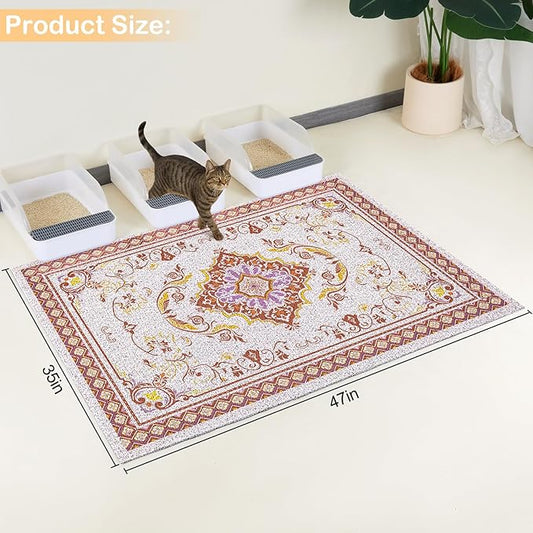 Glittme Cat Litter Mat with Non-Slip Bottom Litter Box Mat 47"X35" Litter Trapping Mat Easy to Clean Washable Cat Food Mat for Kitty,XXL