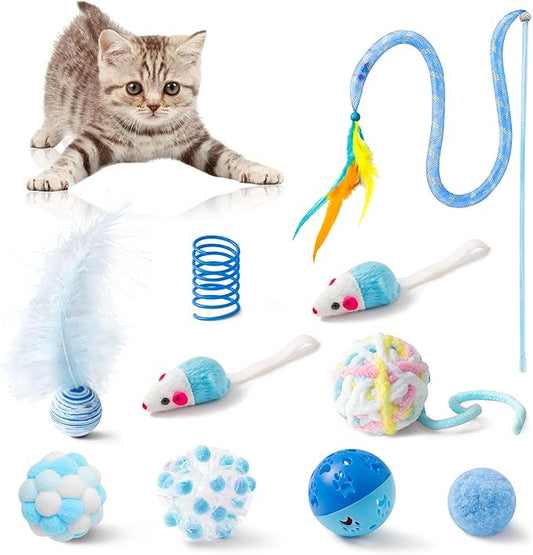 MALLMALL6 Cat Toy Set Interactive Cat Toys 10Pcs Pack Including Cat Springs Feather Teaser Wand Mice Crinkle Balls and Pet Bell Balls, Puzzle Interactive Pet Gift Pack Toys for Indoor Kitten (Blue)