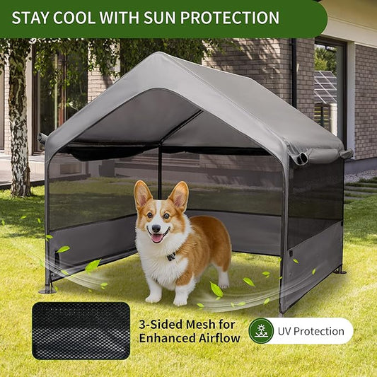 Summertrail Dog House Outside, Dog Tent Outdoor, Dog Shade Shelter Doghouse Canopy with Three-Sided Breathable Mesh Windows, Gray Sun Rain Cover for Pet Cat Livestock（Medium Size）