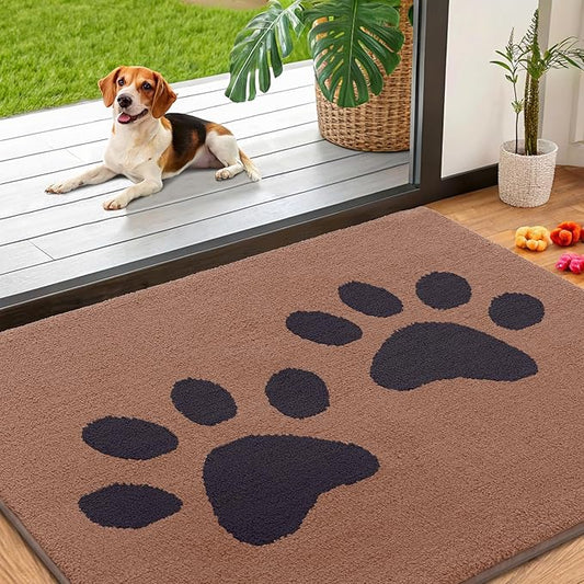 Smiry Dog Door Mat for Muddy Paws, Absorbs Moisture and Dirt, Low-Profile Entryway Mat with Non-Slip Backing, Entry Indoor Outdoor Doormat for Inside Floor (40x32 Inches, Camel and Black, Paw)