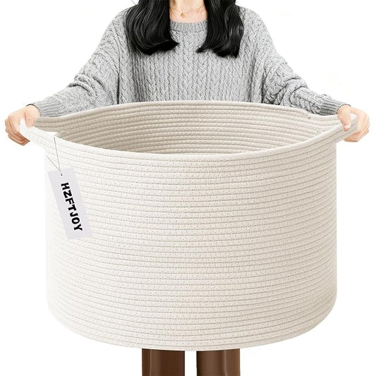 90L Large Blanket Basket,21.7"L x 21.7"W x 13.8"H Rope Woven Baskets with Handles, Toys Storage Bins,Laundry Basket Perfect for Living Room, Nursery,Bedroom,Home Organization,White