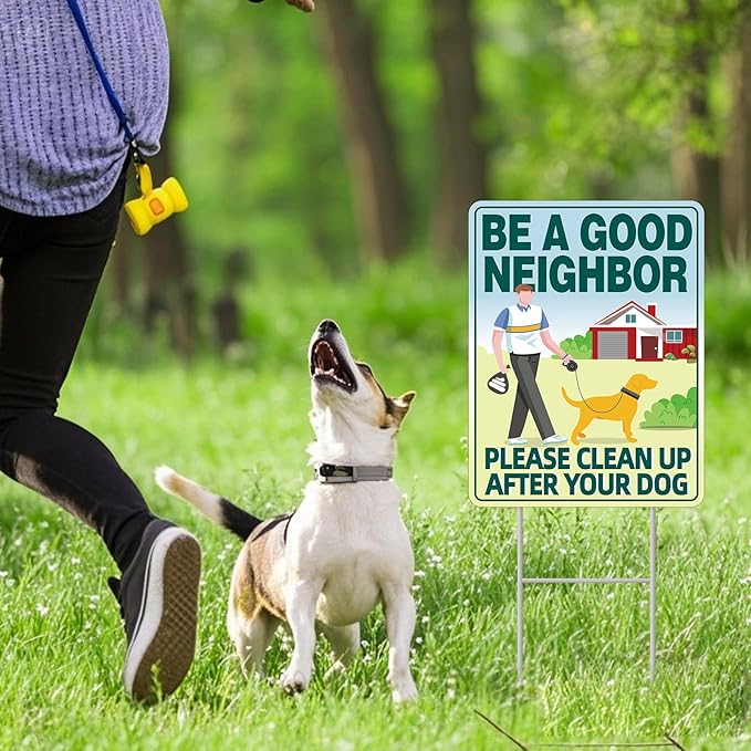 Clean UP After Your Dog Signs, 2-Pack 13"x10" Double-Sided Signs, Corrugated Plastic, H-Stake Metal Stakes, Dog Poop Signs for Lawn, Pick Up After Your Dog Sign