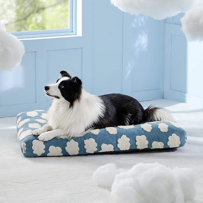LE SURE Cute Large Dog Bed for Crate-Thick Shredded Chopped Foam Pet Bed as Gift for Indoor with Removable Washable Cover, Modern Fuzzy Plush & Anti Slip Bottom, Blue